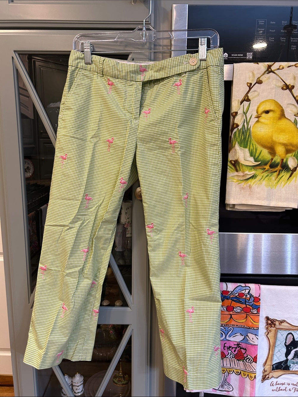 Vintage Preppy J. Crew Green Gingham Pants  Pink Flamingo Embroidery Low Fit 4